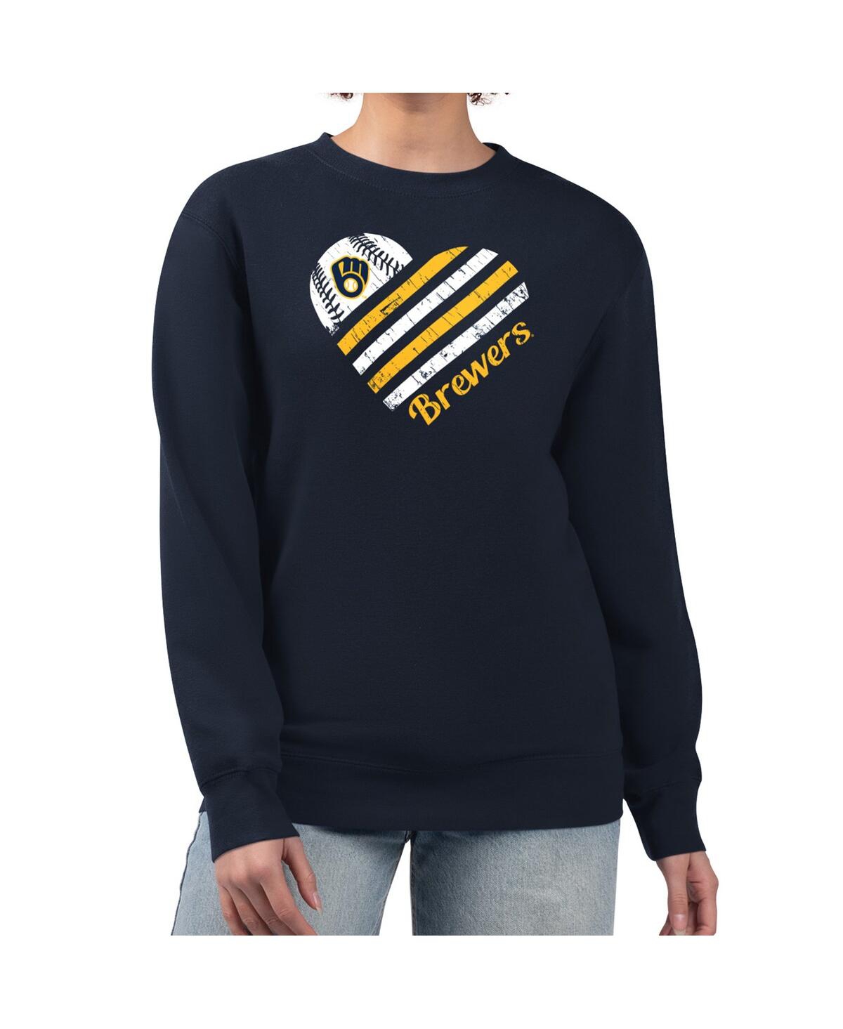 G-iii 4her By Carl Banks Women's Navy Milwaukee Brewers Heart Logo Fleece Pullover Sweatshirt In Blue