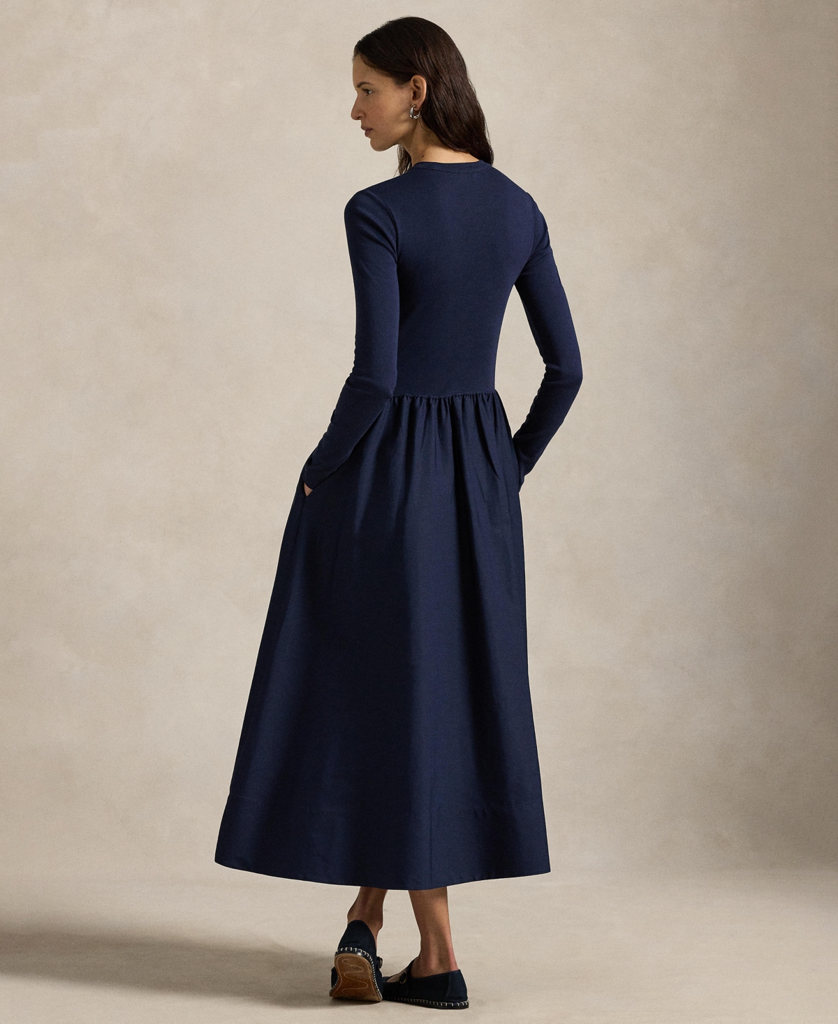 Polo Ralph Lauren Mixed Media Long Sleeve Cotton Dress In Blue