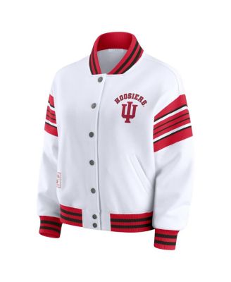 Women's White/Crimson Indiana Hoosiers Satin Stitch Full-Snap Fleece Sweatshirt Jacket