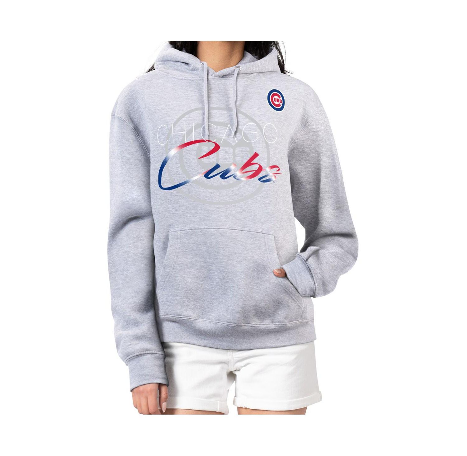 Women's Heather Gray Chicago Cubs Shadow Logo Graphic Pullover Hoodie