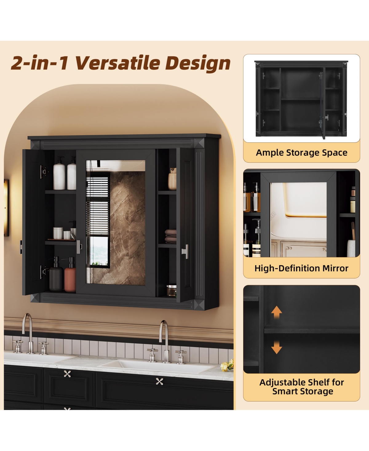 Casainc Wall-Mounted Bathroom Cabinet with Mirror and 4 Adjustable Shelves, Storage Solution
