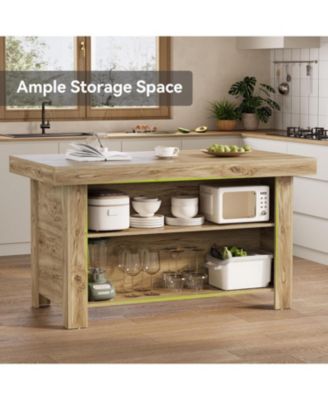 55 Inches Kitchen Island with Storage, 3-Tier Farmhouse Wooden Stationary Island Table