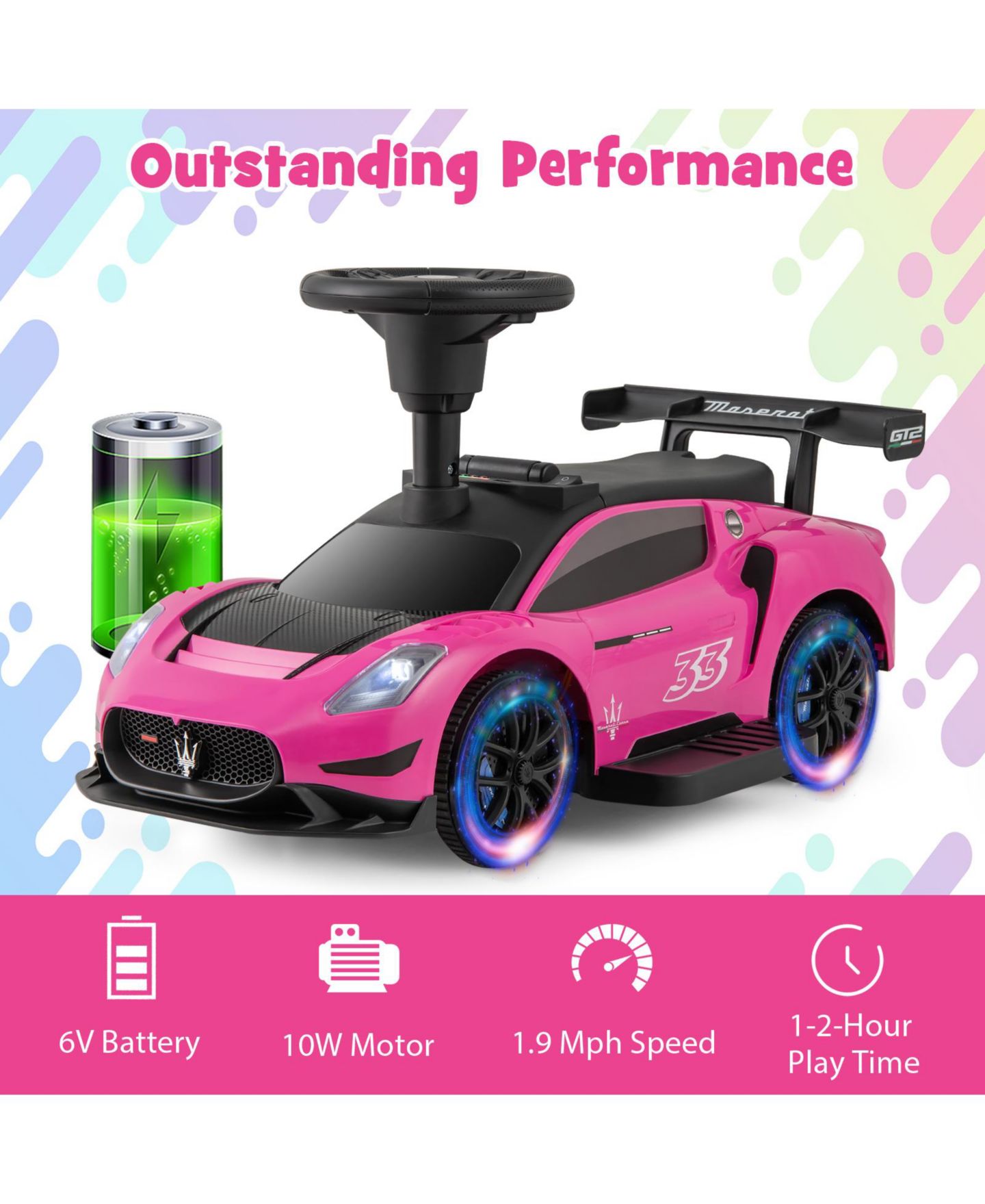 Детская игрушка Gymax Electric Maserati-Licensed Foot-to-Floor Ride-On Push Car, 55 lbs Capacity, Ages 18-60 Months, цвет: Розовый — фото 6