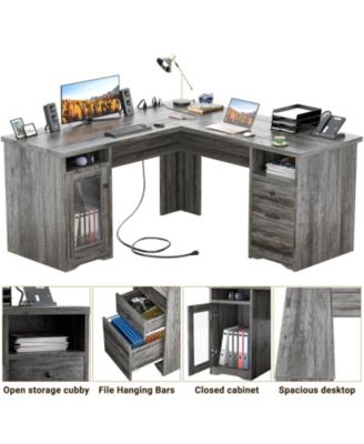 L Shaped Desk with Charging Station, Computer Desk Workstation with File Cabinet and Drawers for Office