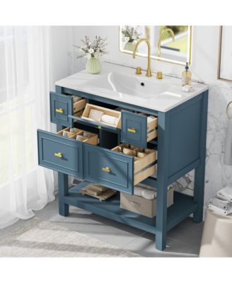 30-Inch Bathroom Vanity with Ceramic Sink Combo, Freestanding Single Vanity, 5 Drawers & Solid Wood Storage