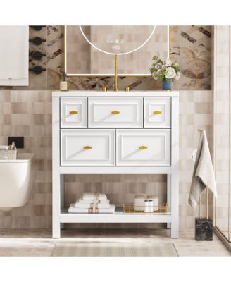 30-Inch Bathroom Vanity with Ceramic Sink Combo, Freestanding Single Vanity, 5 Drawers & Solid Wood Storage