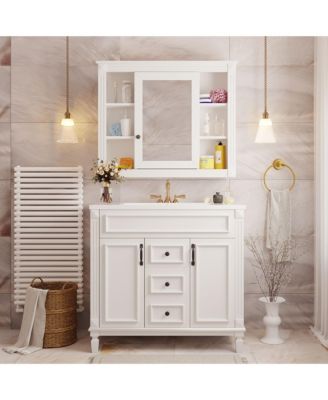 36'' Bathroom Vanity with Top Sink, Mirror Cabinet, 2 Soft Closing Doors & 2 Drawers