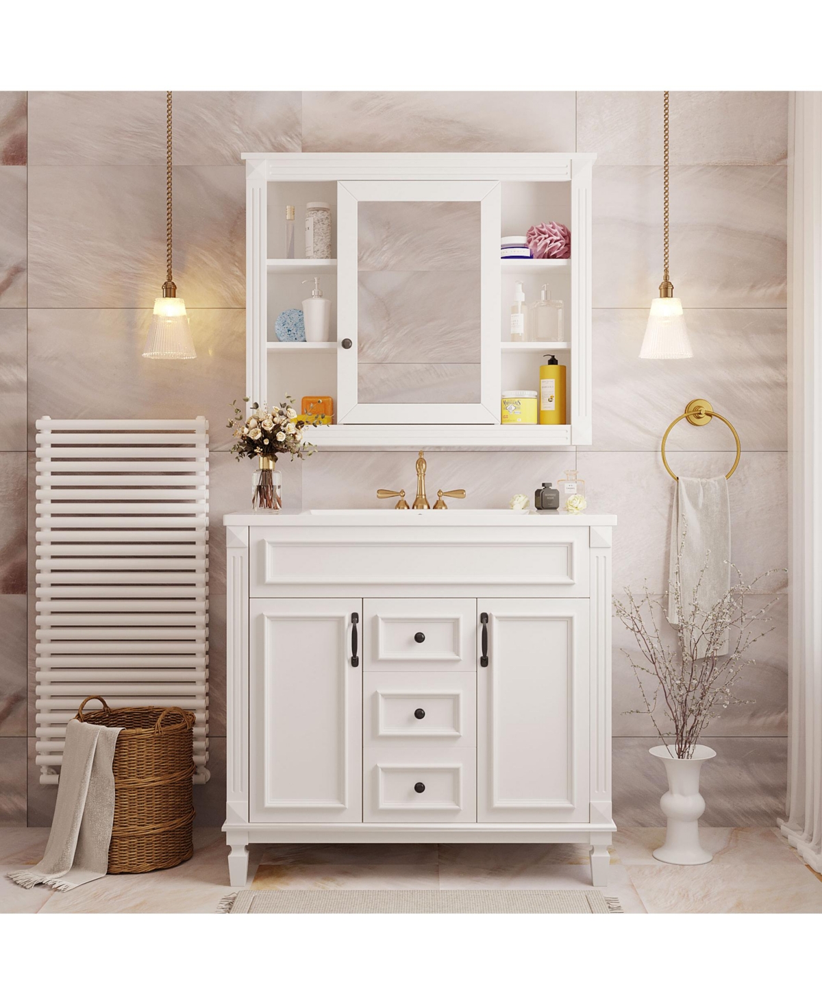 Casainc 36'' Bathroom Vanity with Top Sink, Mirror Cabinet, 2 Soft Closing Doors & Drawers