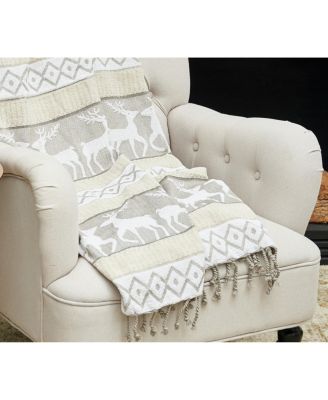 Reindeer 100% Cotton Ivory Christmas Winter Throw Blanket w/ Tassels 50" x 60
