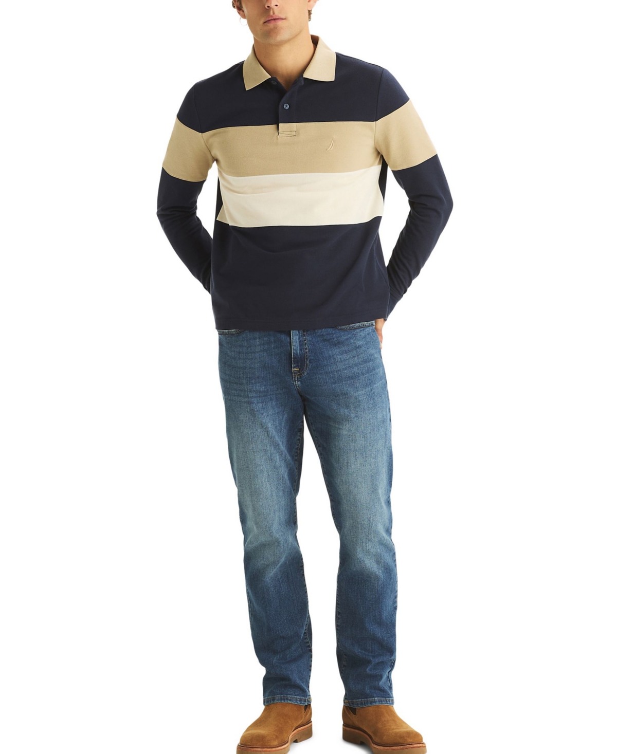 Nautica Mens Classic Fit Colorblock Long-sleeve Polo In Blue