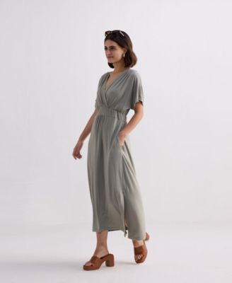 Women's FLowy A-Line Maxi Dress with Side Slits in Light Olive