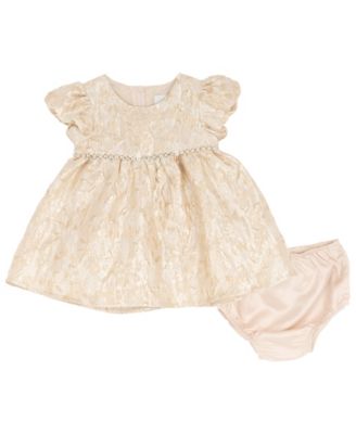 Baby Girls' Gold Brocade Puff Sleeve Dress and Diaper Cover, 2-Piece Set