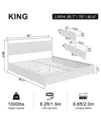 King Size Bed Frame with LED Storage Headboard & 4 Drawers & Charging Station White