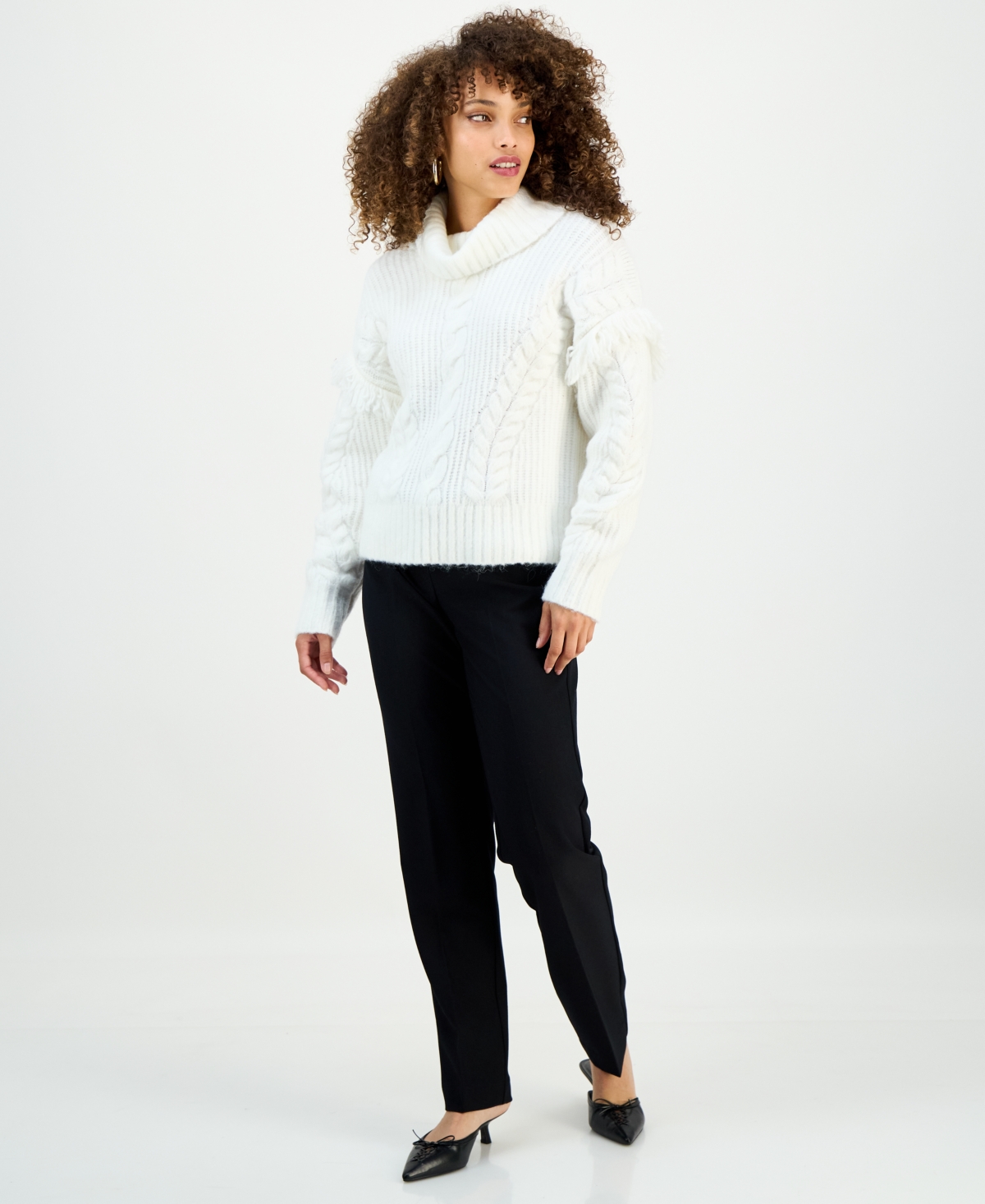 I.n.c. International Concepts Petite Fringe-Trim Cable Knit Turtleneck Sweater, Macy's Exclusive