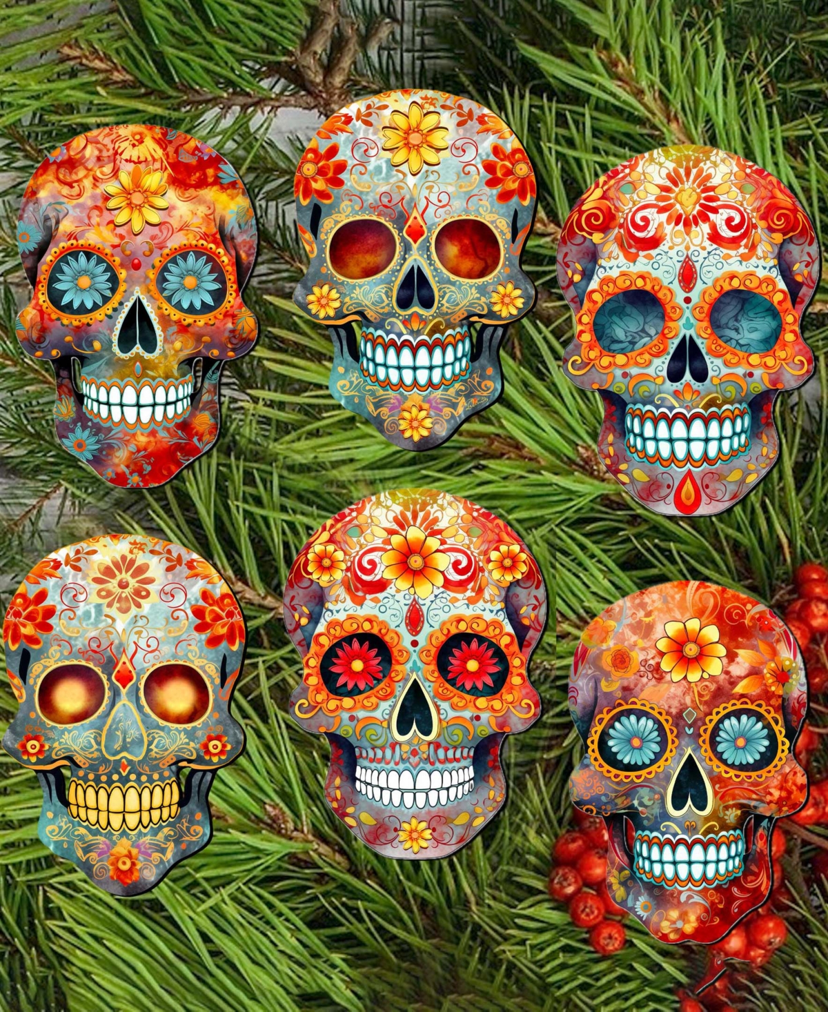 Designocracy Sugar Skulls Wood Clip-on Ornaments, Set Of 6 In Multi
