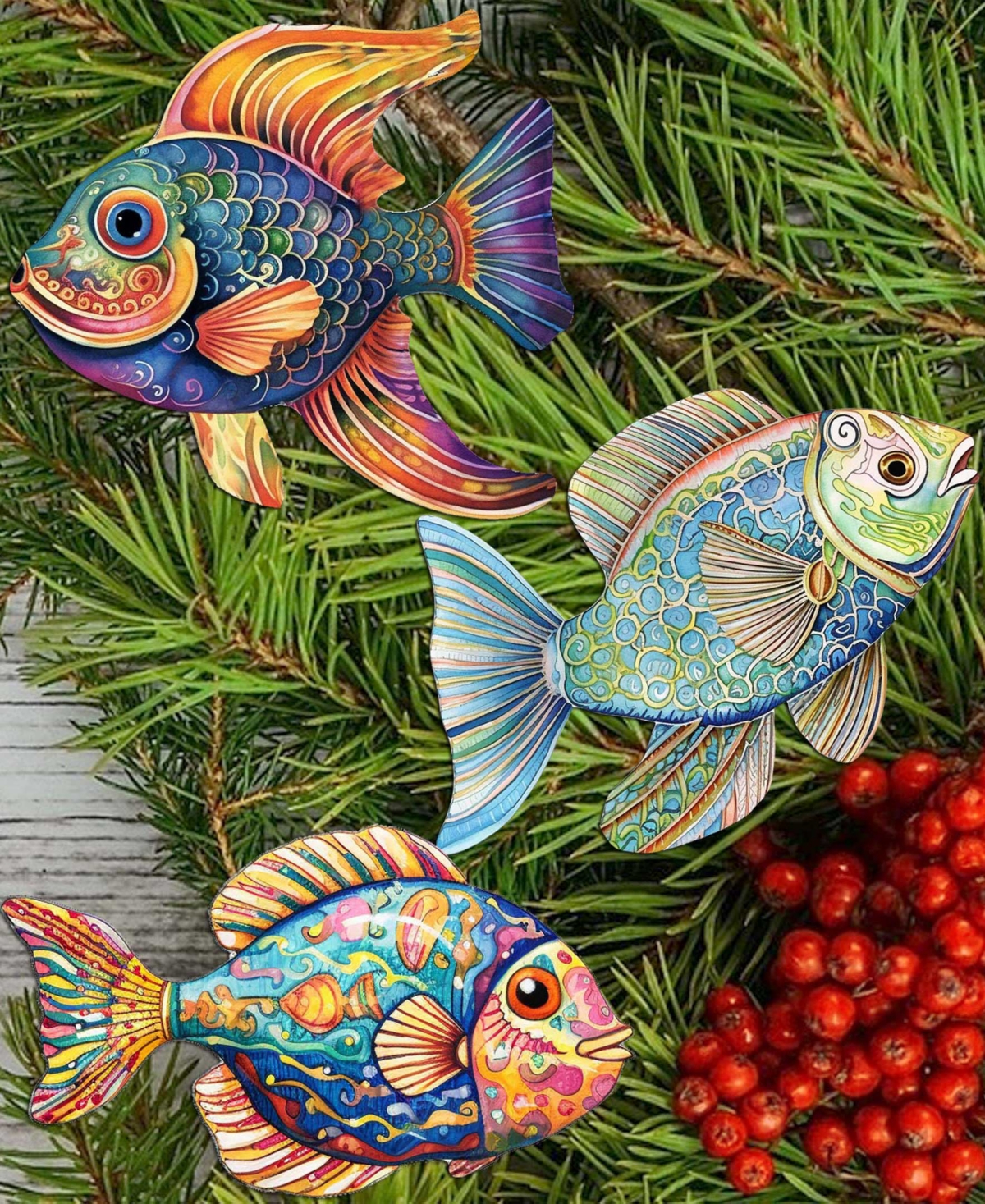 Designocracy Fish Wooden Clip-on Ornaments, Set Of 3 In Multi