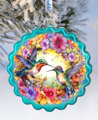 Hummingbirds Wreath Glass Christmas Ornament