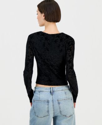 Juniors' Flocked Long-Sleeve Square-Neck Top