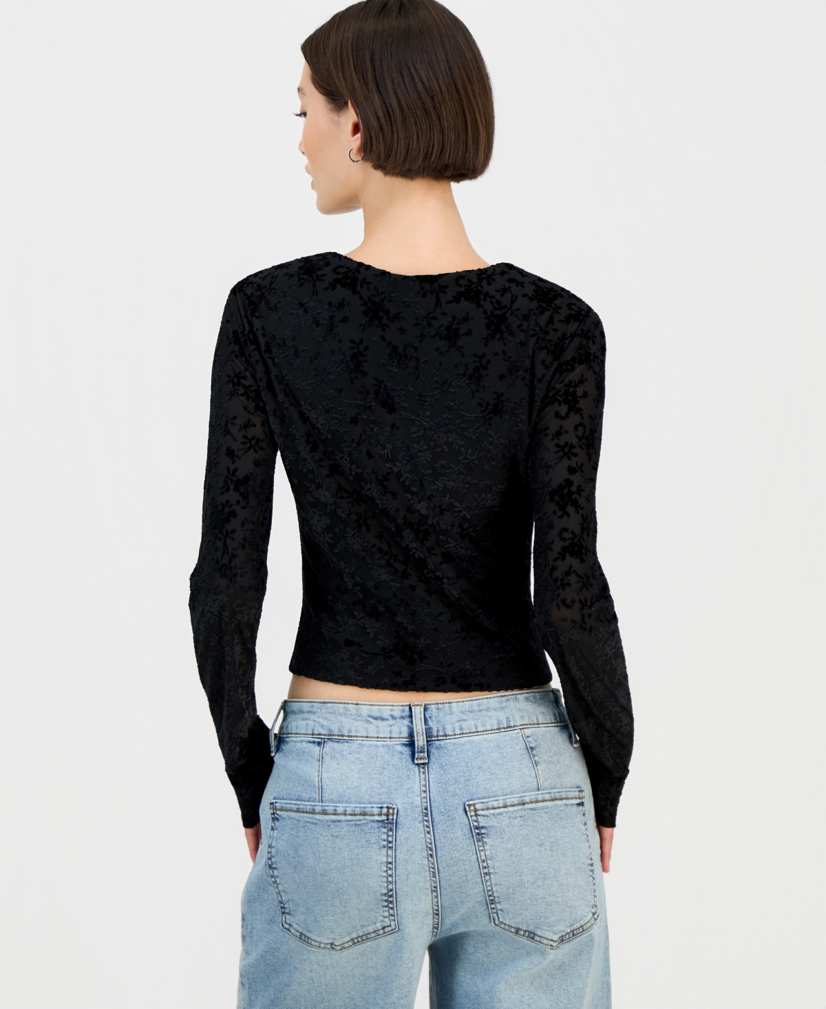 Sincerely Jules Juniors' Flocked Long-Sleeve Square-Neck Top