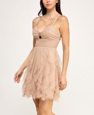 Juniors' Sleeveless Glitter Mesh Ruffle Dress