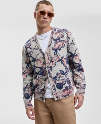 Mode of One - Men's Relaxed Fit Long Sleeve Abstract Floral V-Neck Cardigan Sweater