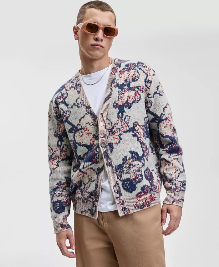 Men's Relaxed Fit Long Sleeve Abstract Floral V-Neck Cardigan Sweater