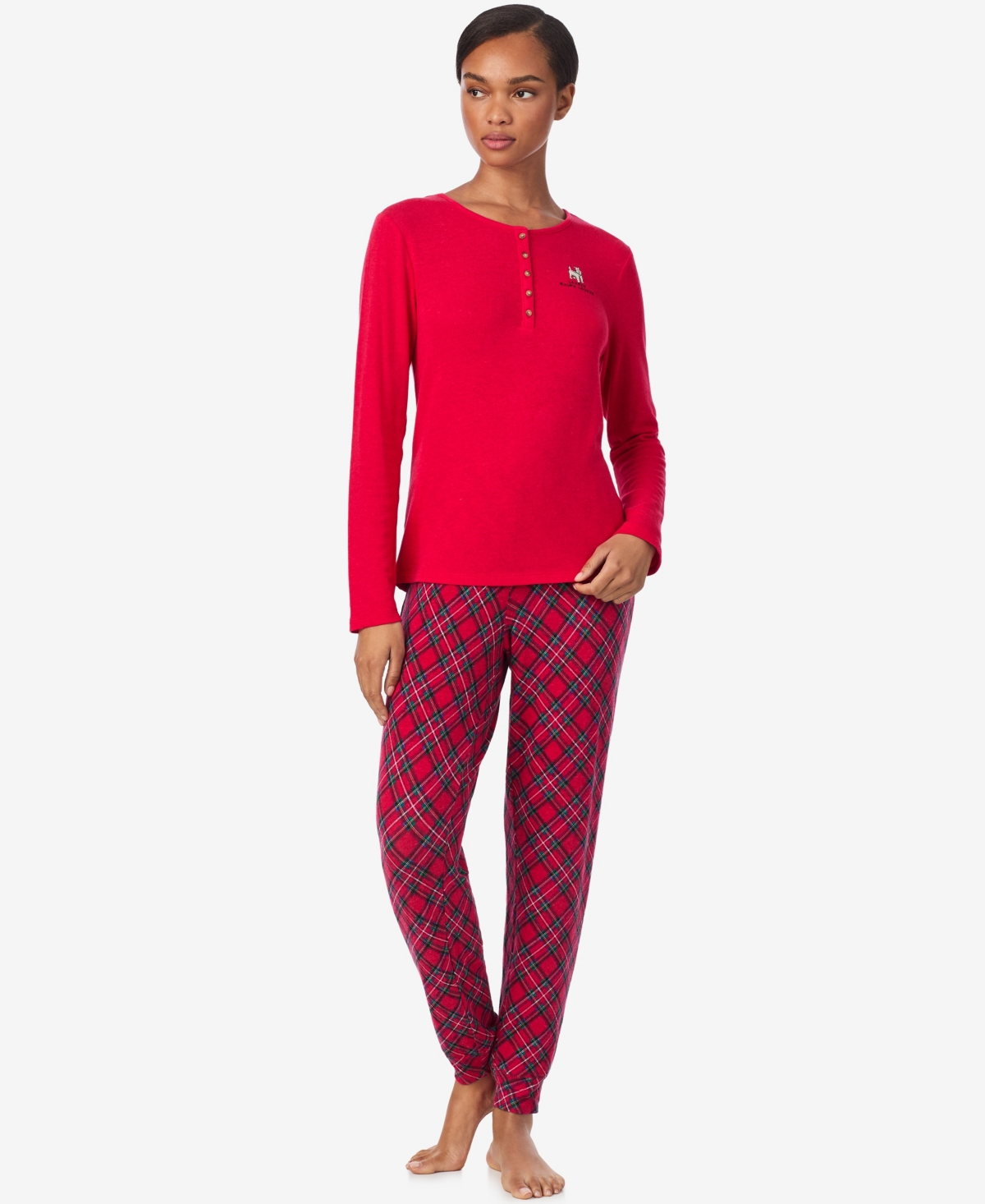 Ralph Lauren Women's Henley Neck And Long Pant Pajama Set In Red