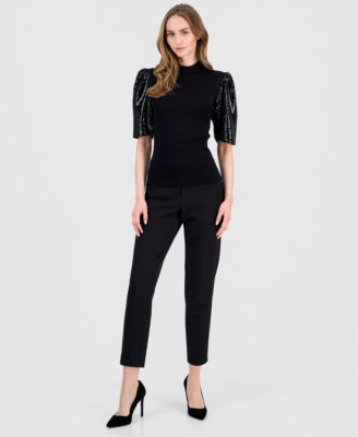 Women's Sequin-Sleeve Ribbed Top