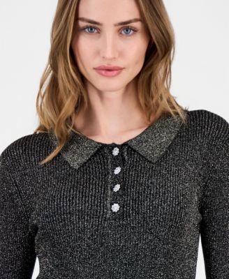 Women's Collared Ribbed Metallic Top