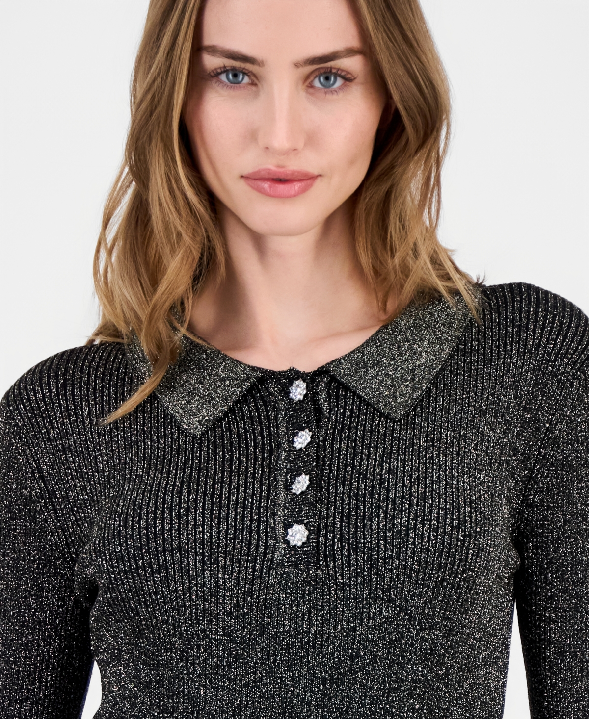 T Tahari Women's Collared Ribbed Metallic Top In Black