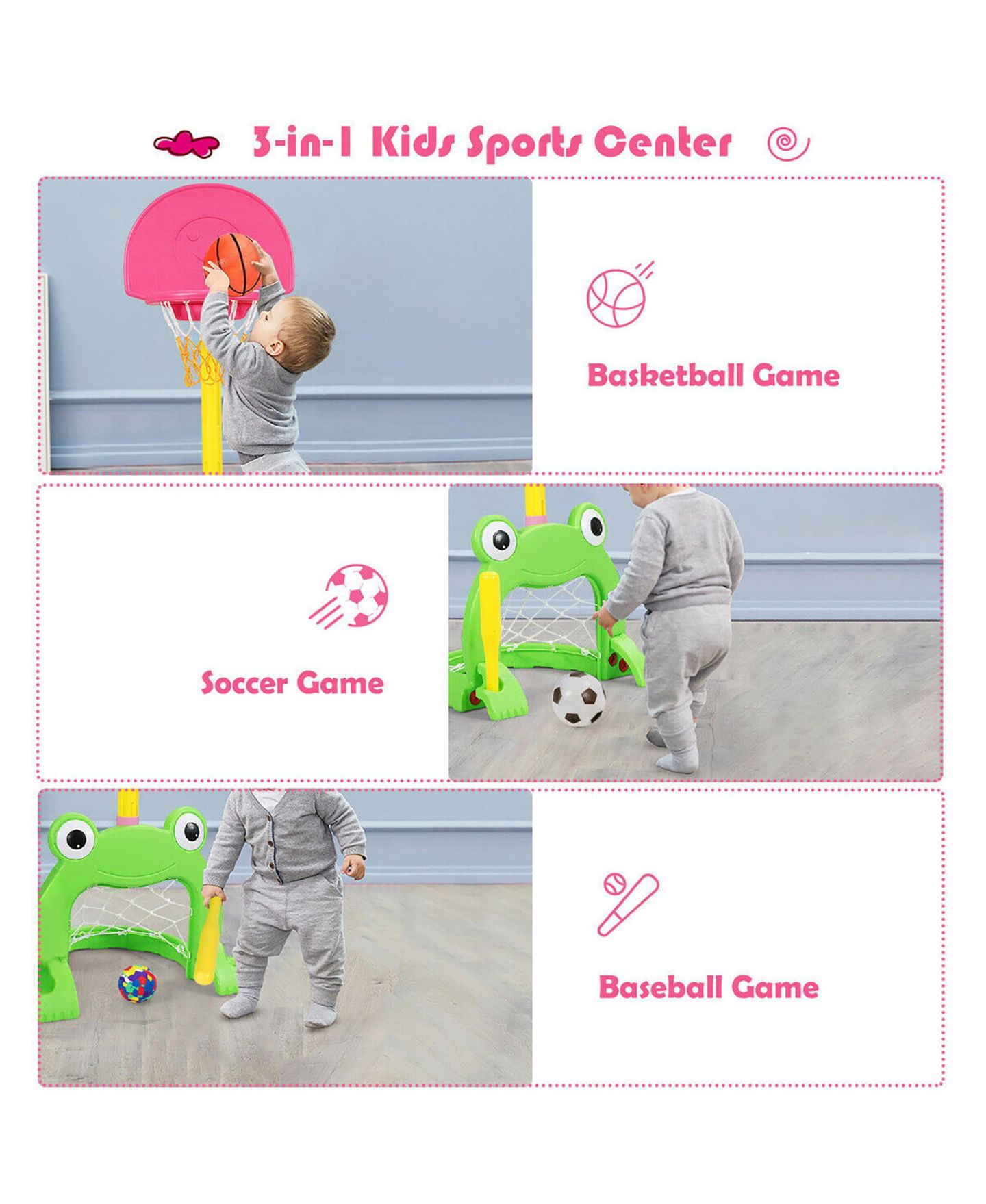 Детские игрушки Costway 3-in-1 Kids Basketball Hoop Set Adjustable Sports Activity Center, цвет: Розовый — фото 8