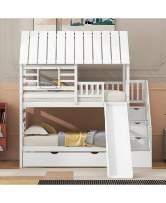 Twin over Twin House Bunk Bed with Trundle and Slide, Storage Staircase, Roof and Window Design