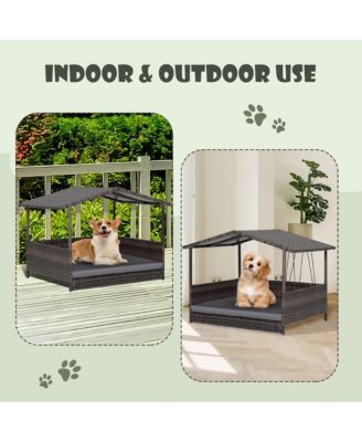Wicker Dog House w/ Cushion Lounge Raised Rattan Bed for Indoor/Outdoo