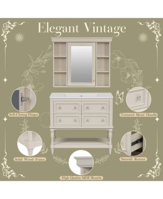 36" Solid Wood Bathroom Vanity with Mirror Cabinet, Adjustable Shelves and Drawers