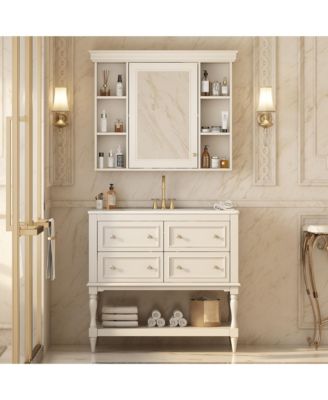 36" Solid Wood Bathroom Vanity with Mirror Cabinet, Adjustable Shelves and Drawers