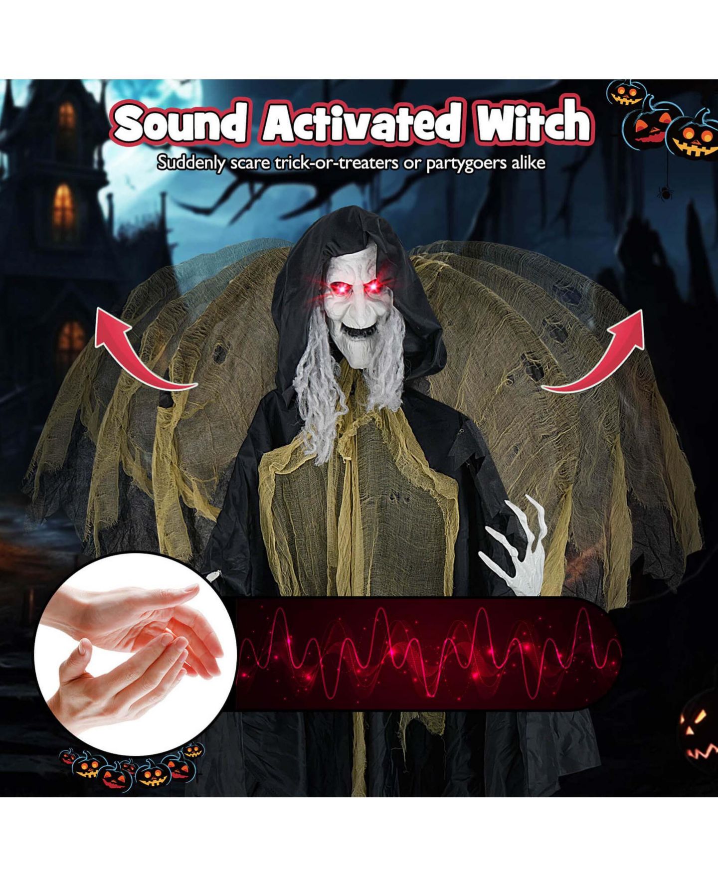 Детская игрушка Costway 8.2 ft Halloween Standing Witch Voice Activated Animatronic Ghost, цвет: Чёрный — фото 6