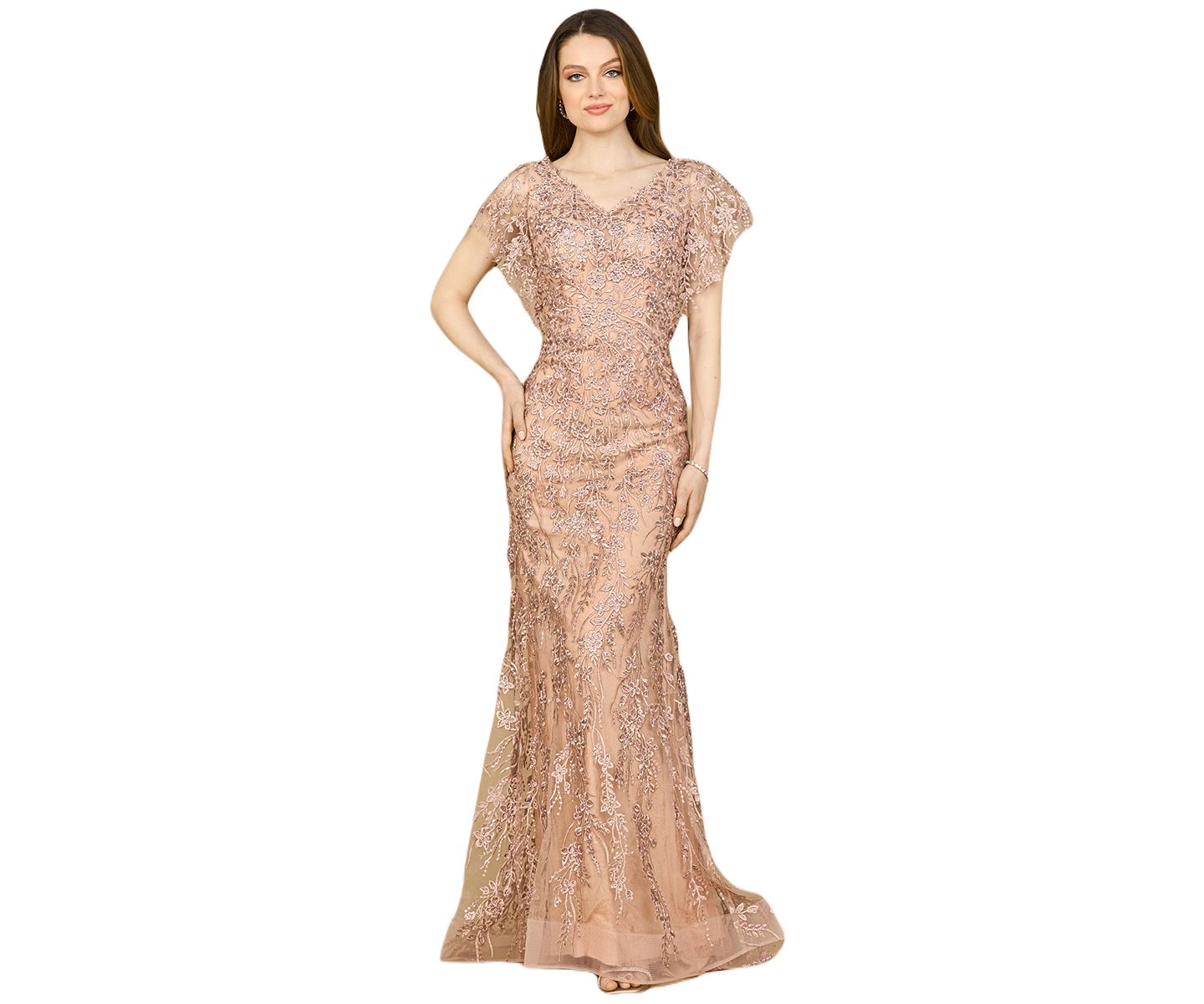 Женская кепка Lara Cap Sleeve Mermaid V-neck Gown, цвет: Пудровый — фото 3