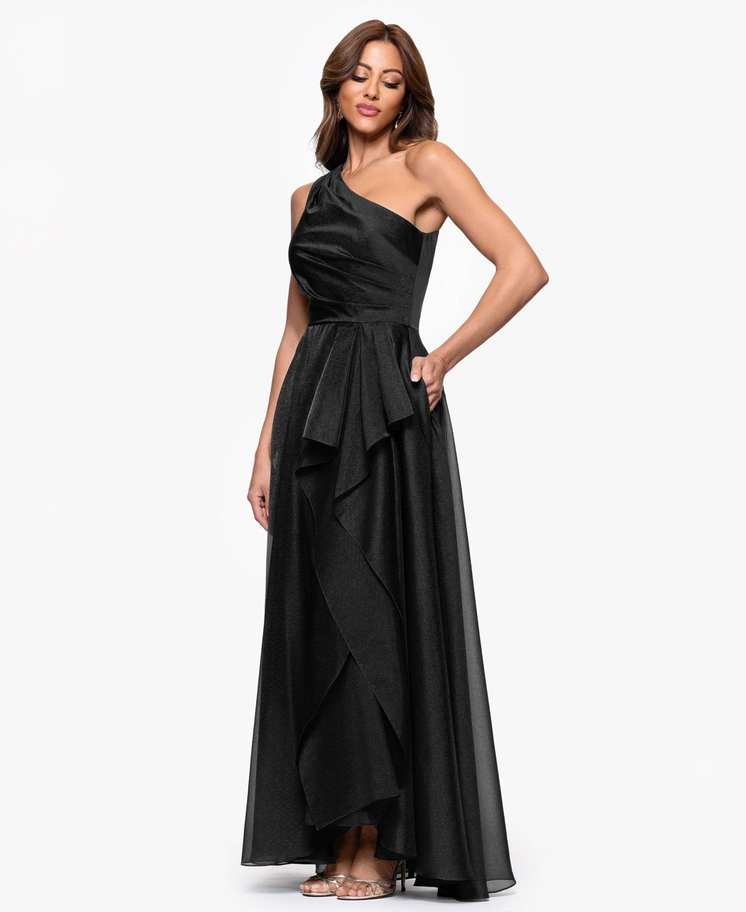 Petite Metallic Draped One-Shoulder Gown