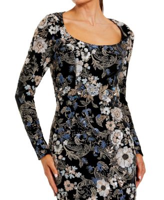 Women's Embroidered Velvet Long Sleeve Scoop Neck Gown