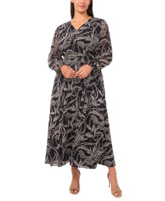MSK - Plus Size Tropical Print Long Sleeve Maxi Dress