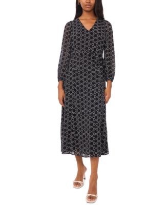 MSK - Petite Geometric Print V-Neck Long Sleeves Midi Dress