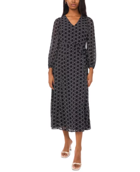 Petite Geometric Print V-Neck Long Sleeves Midi Dress - Black