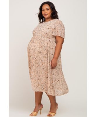 Plus Size Light Pink Floral Pleated Chiffon Midi Dress