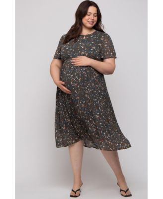 Plus Size Light Pink Floral Pleated Chiffon Midi Dress