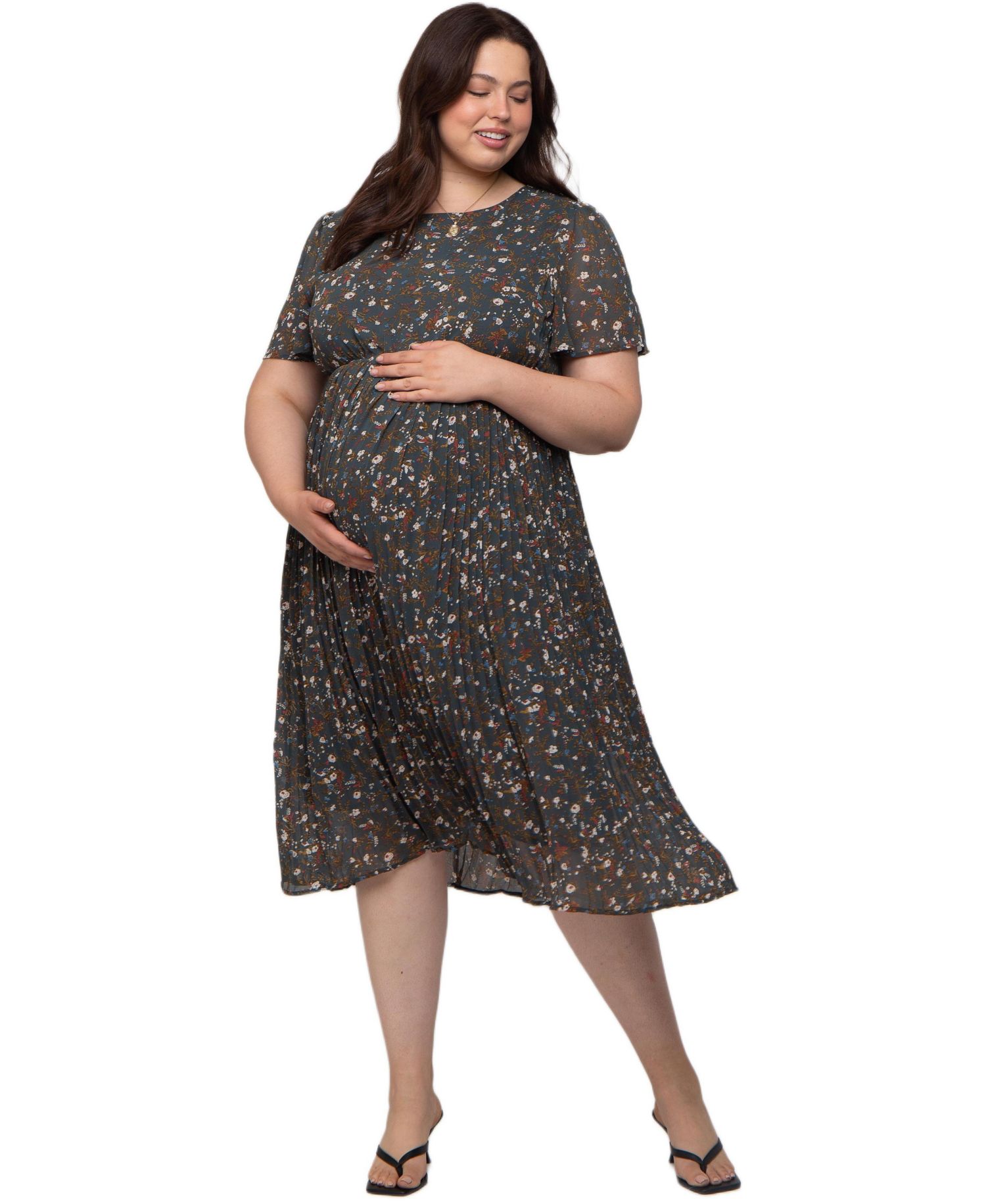 Women's Maternity Floral Pleated Chiffon Midi Dress