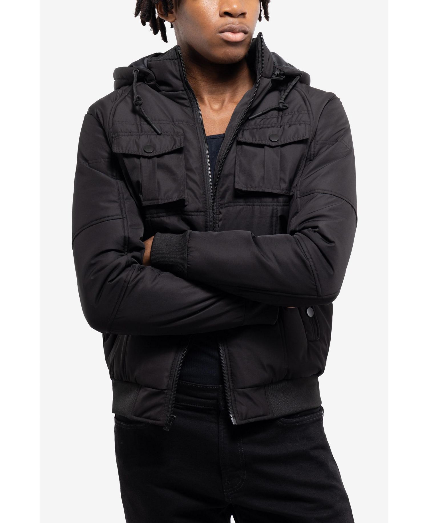 Men's Hooded Puffer Jacket With Patch Chest Pockets