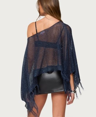 Women's Sequin Fringe Knit Poncho
