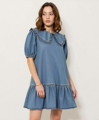 Women's Ruffled Collar Short Dress with Puff Sleeves and Tiered Hem