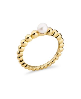 Freshwater Pearl on Beaded Ball Ring in Gold Plated Sterling Silver, Size