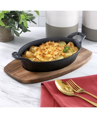 6 Piece Mini Cast Iron Oval Pan with Wood Tray Set